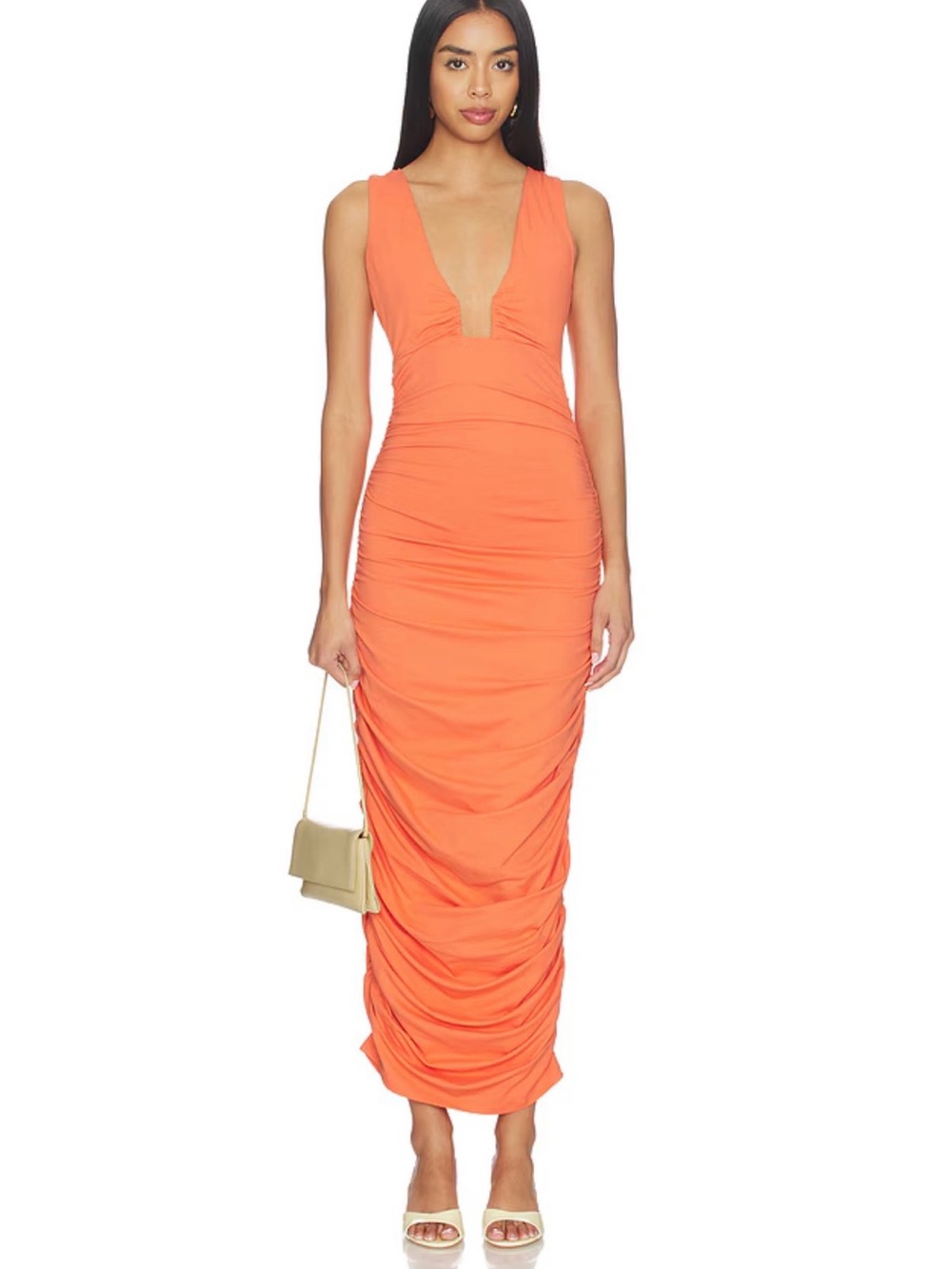 Susana Monaco Orange Plunging V-Neck Ruched Maxi Dress